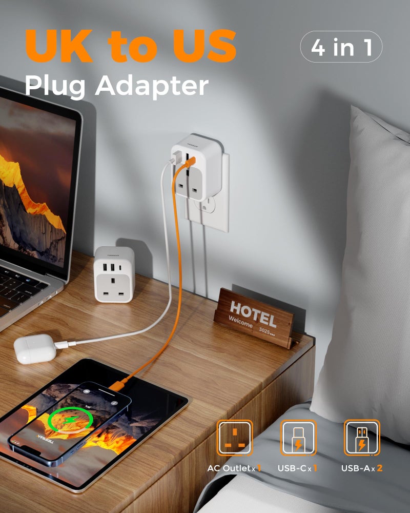 تيسان TESSAN UK to US Plug Adaptor 2 Pack, Type B USA Travel Adapter with USB C - Image 3