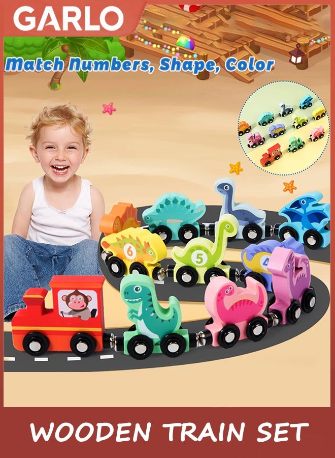 Garlo Wooden Train Set with Dinosaur Toys, Snap-Connection Dinosaur Train, Matching and Magnetic Number Train Learning Toys, Fine Motor Skill Educational Toy Gift for 3 4 5 Years Old Kids - Image 3