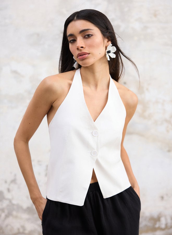 trendyol White Regular Linen Look Halter Neck Regular Vest - Image 2