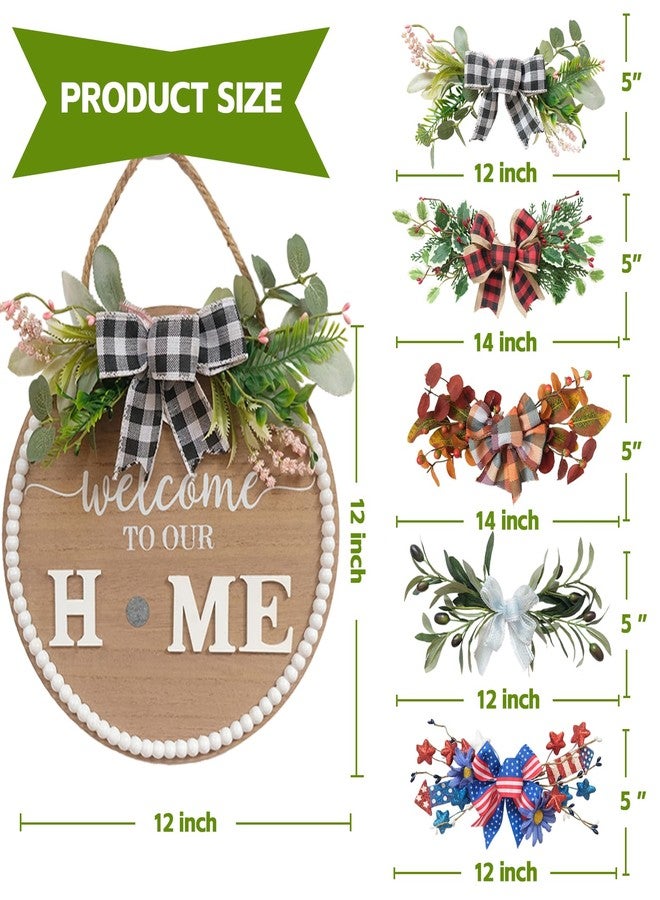 Idyllic 12 Inch Interchangeable Seasonal Welcome Sign Front Door Wreath Decor Wooden Plank with 5 Replaceable Wreaths and 12 Holiday Signs for Year Round Holiday Home Decor Front Door Fireplace - Image 2