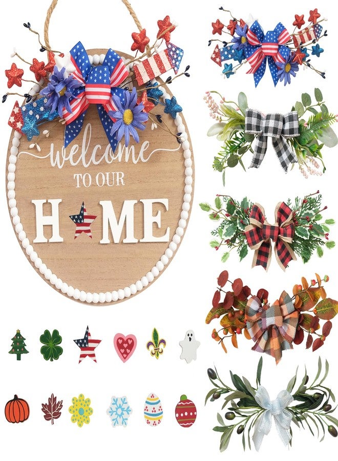 Idyllic 12 Inch Interchangeable Seasonal Welcome Sign Front Door Wreath Decor Wooden Plank with 5 Replaceable Wreaths and 12 Holiday Signs for Year Round Holiday Home Decor Front Door Fireplace - Image 1