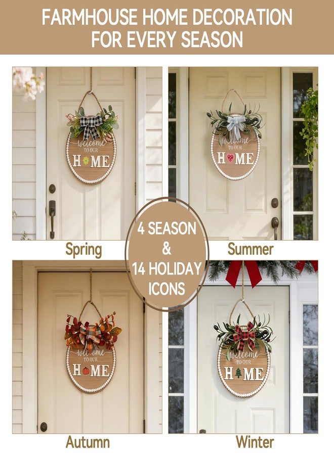 Idyllic 12 Inch Interchangeable Seasonal Welcome Sign Front Door Wreath Decor Wooden Plank with 5 Replaceable Wreaths and 12 Holiday Signs for Year Round Holiday Home Decor Front Door Fireplace - Image 4