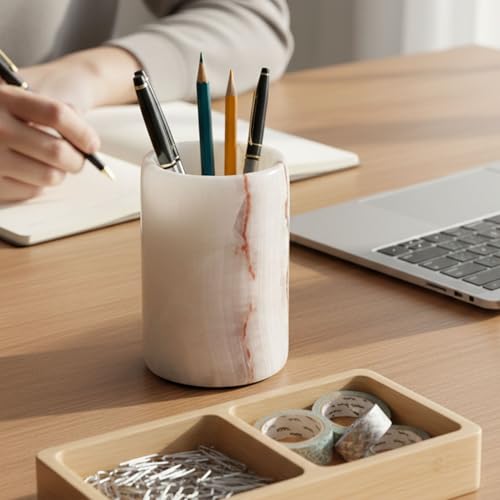 Radicaln Marble Pen Holder For Desk 4 Inches White Onyx Handmade Makeup Brush Cup for Girls Bathroom Tumbler Cup Durable Office Home Organizer Pencil Holder - Image 3