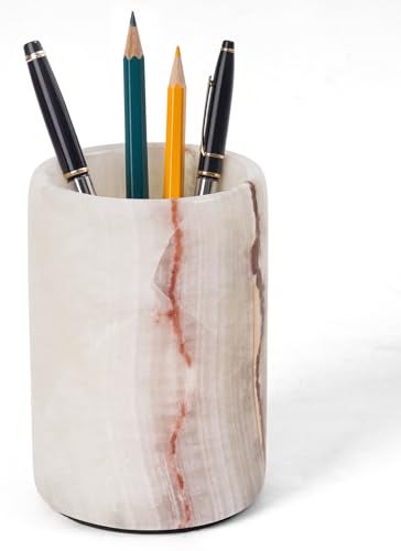 Radicaln Marble Pen Holder For Desk 4 Inches White Onyx Handmade Makeup Brush Cup for Girls Bathroom Tumbler Cup Durable Office Home Organizer Pencil Holder - Image 1