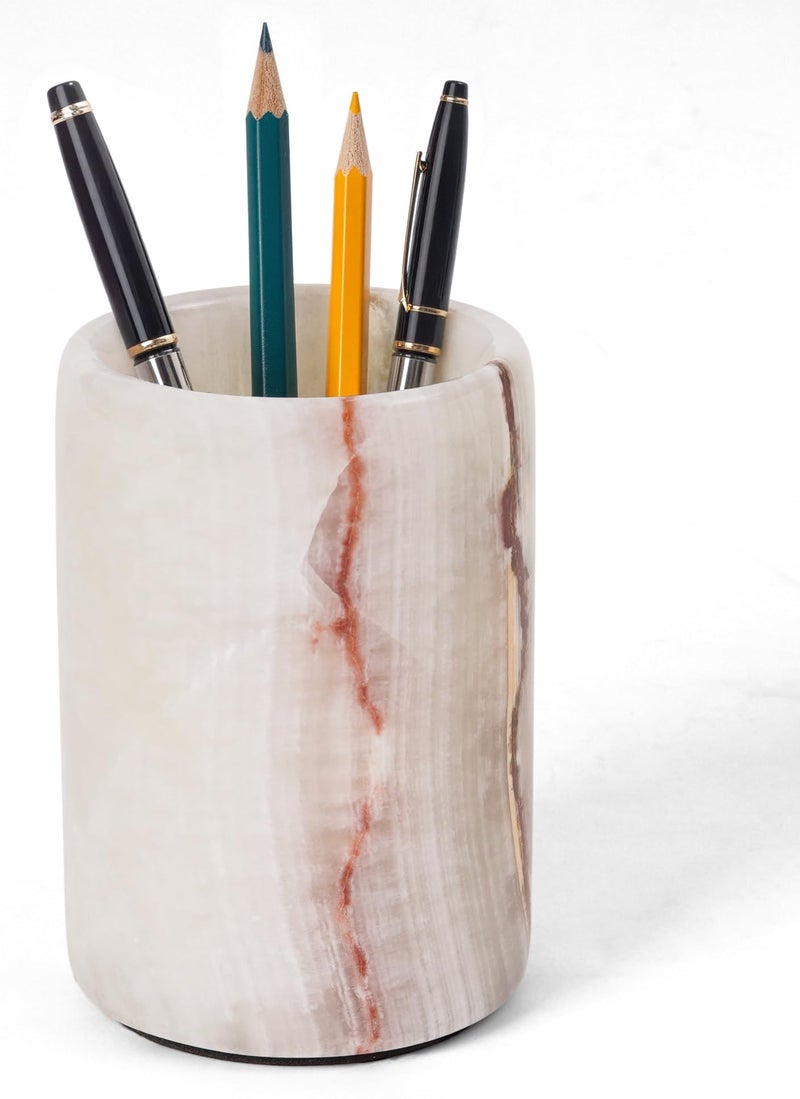 Radicaln Marble Pen Holder For Desk 4 Inches White Onyx Handmade Makeup Brush Cup for Girls Bathroom Tumbler Cup Durable Office Home Organizer Pencil Holder - Image 2
