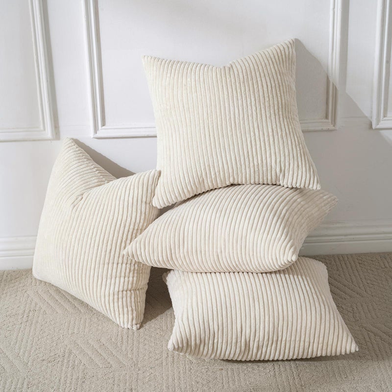Volcanics Set of 4 Beige Cream Corduroy Decorative Couch Throw Pillow Covers 18x18 Inch Modern DoubleSided Striped Cushion Cases Soft Boho Square Accent Pillow Covers Mix and Match for Home Decor - Image 2