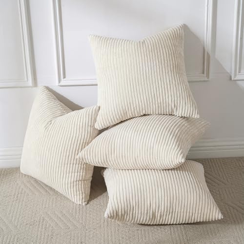Volcanics Set of 4 Beige Cream Corduroy Decorative Couch Throw Pillow Covers 18x18 Inch Modern DoubleSided Striped Cushion Cases Soft Boho Square Accent Pillow Covers Mix and Match for Home Decor - Image 1