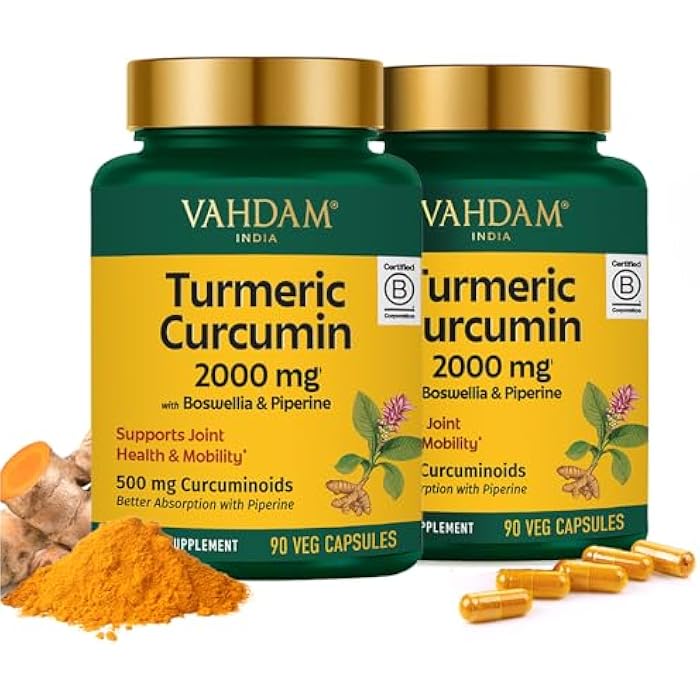 VAHDAM Turmeric Curcumin 2000mg (500mg Curcuminoids) with Boswellia & Piperine for Fast Absorption | Supports Joint Health and Mobility | 90 Capsules (Pack of 2) - Image 1