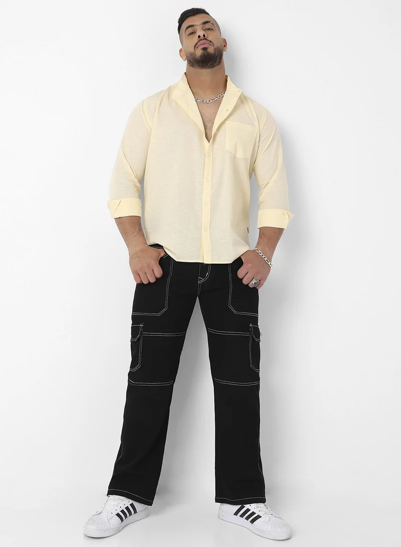 Instafab Plus Instafab Plus Men's Light Yellow Basic Button-Up Shirt For Casual Wear | Mandarin Collar | Long Sleeve | Button Closure | Shirt Crafted With Comfort Fit For Everyday Wear