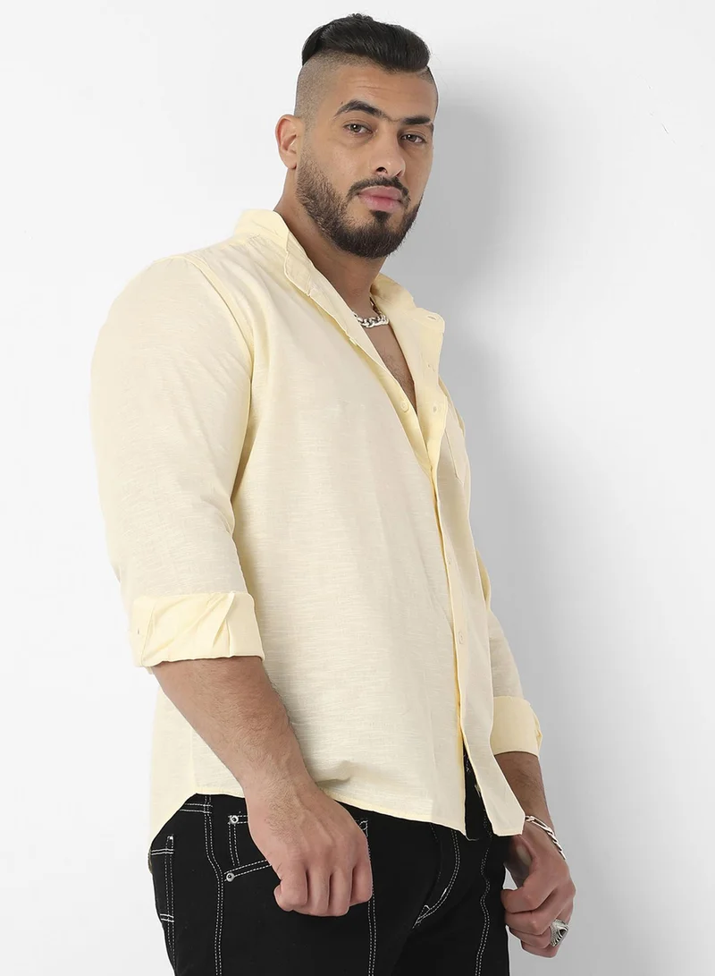 Instafab Plus Instafab Plus Men's Light Yellow Basic Button-Up Shirt For Casual Wear | Mandarin Collar | Long Sleeve | Button Closure | Shirt Crafted With Comfort Fit For Everyday Wear