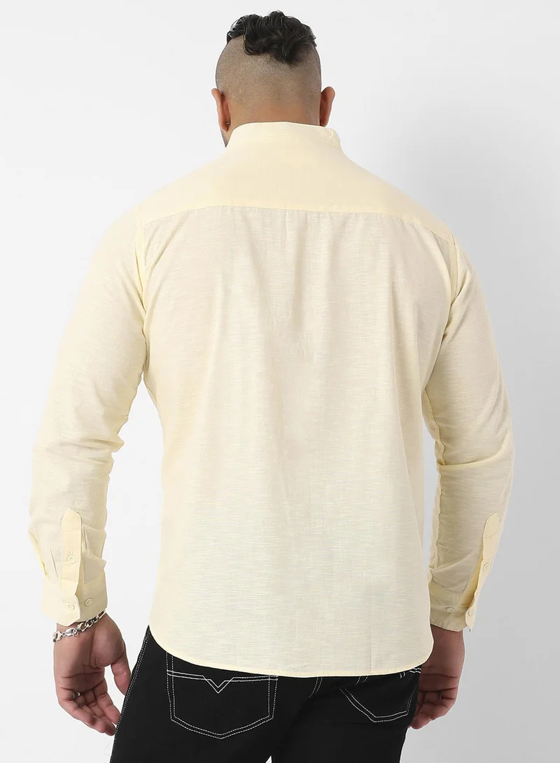 Instafab Plus Instafab Plus Men's Light Yellow Basic Button-Up Shirt For Casual Wear | Mandarin Collar | Long Sleeve | Button Closure | Shirt Crafted With Comfort Fit For Everyday Wear