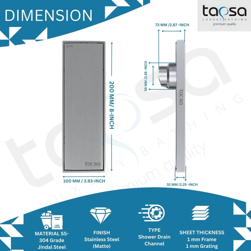 TAPSA LUXURY BATHING تصريف أرضي من الفولاذ المقاوم للصدأ 304 بحجم 8x4 بوصة مع فتحة جانبية وفخ للصراصير - Image 3
