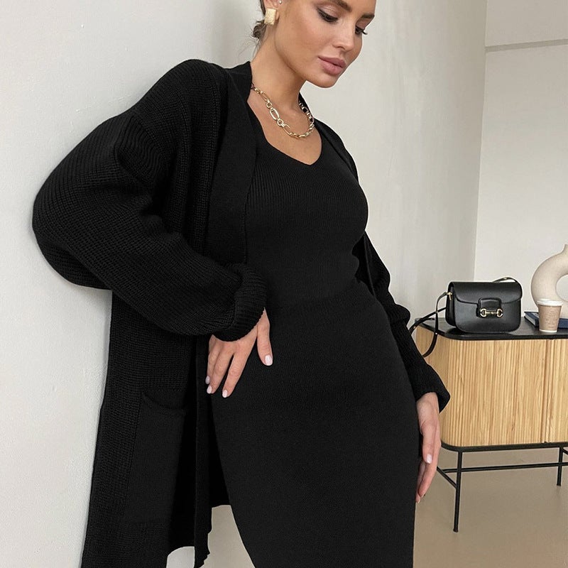 Casual Knit Sweater Set with Belted High-Waist Skirt Black - Image 1