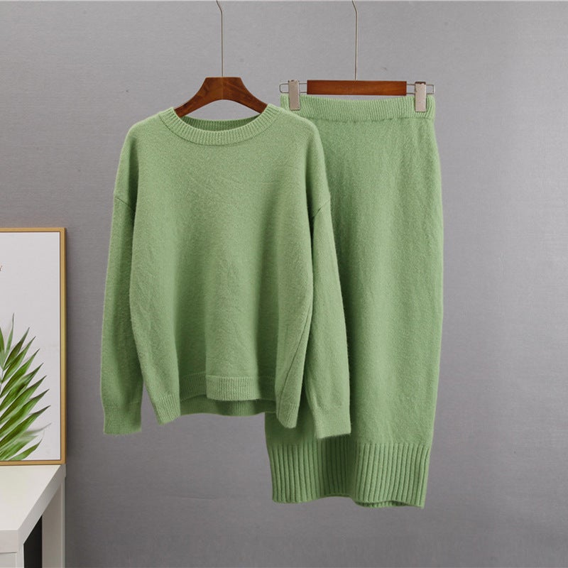 Casual Knit Sweater Set with Belted High-Waist Skirt Black - Image 3