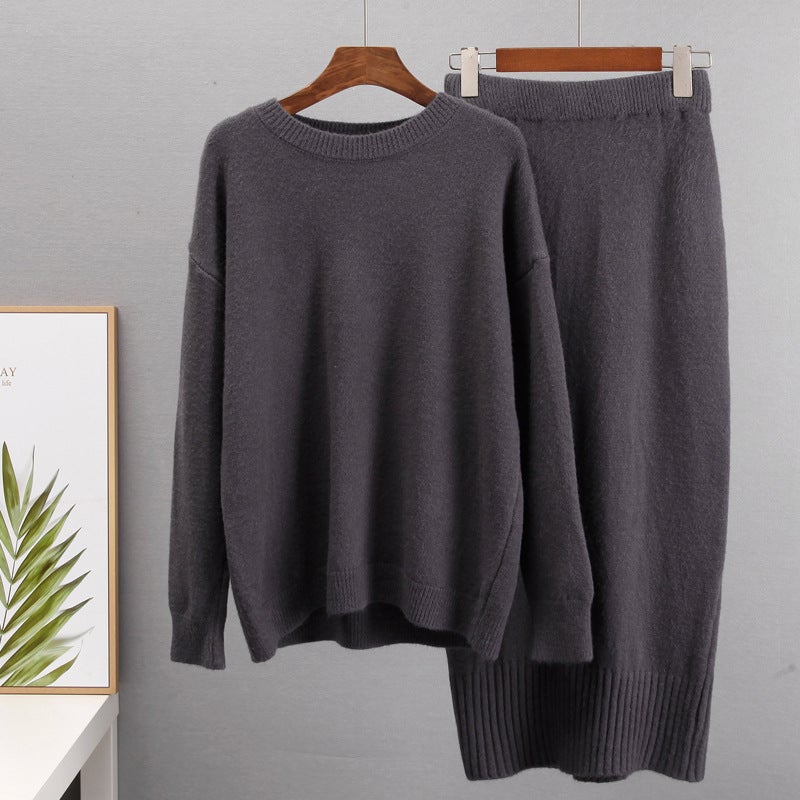 Casual Knit Sweater Set with Belted High-Waist Skirt Black - Image 4