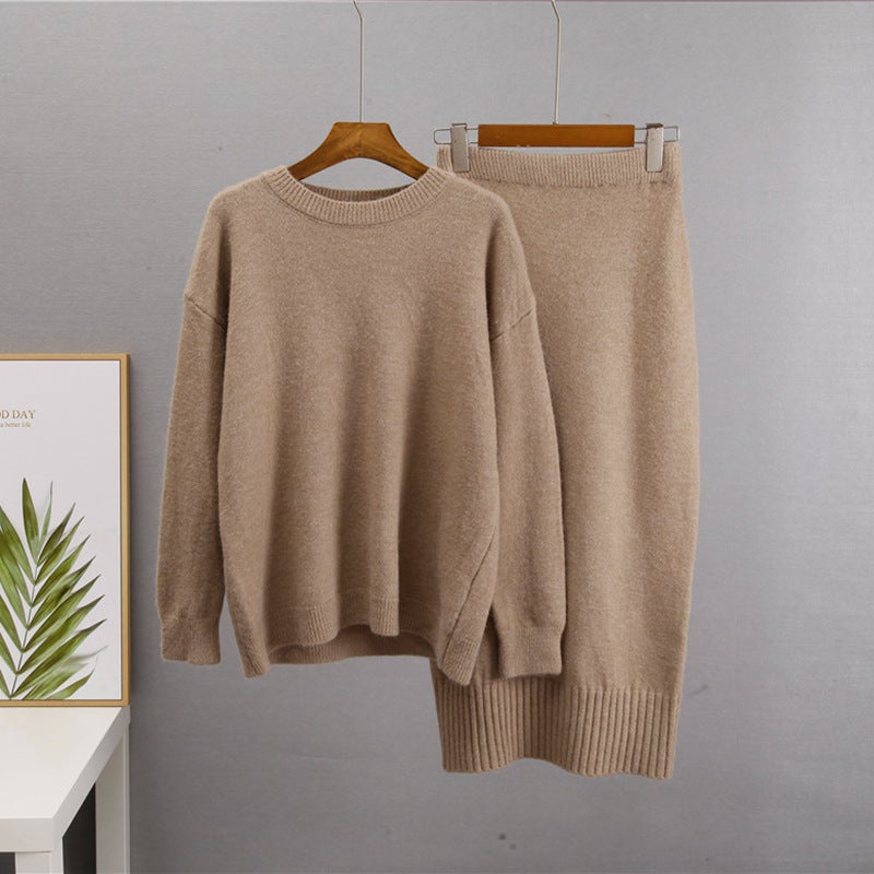 Casual Knit Sweater Set with Belted High-Waist Skirt Black - Image 2