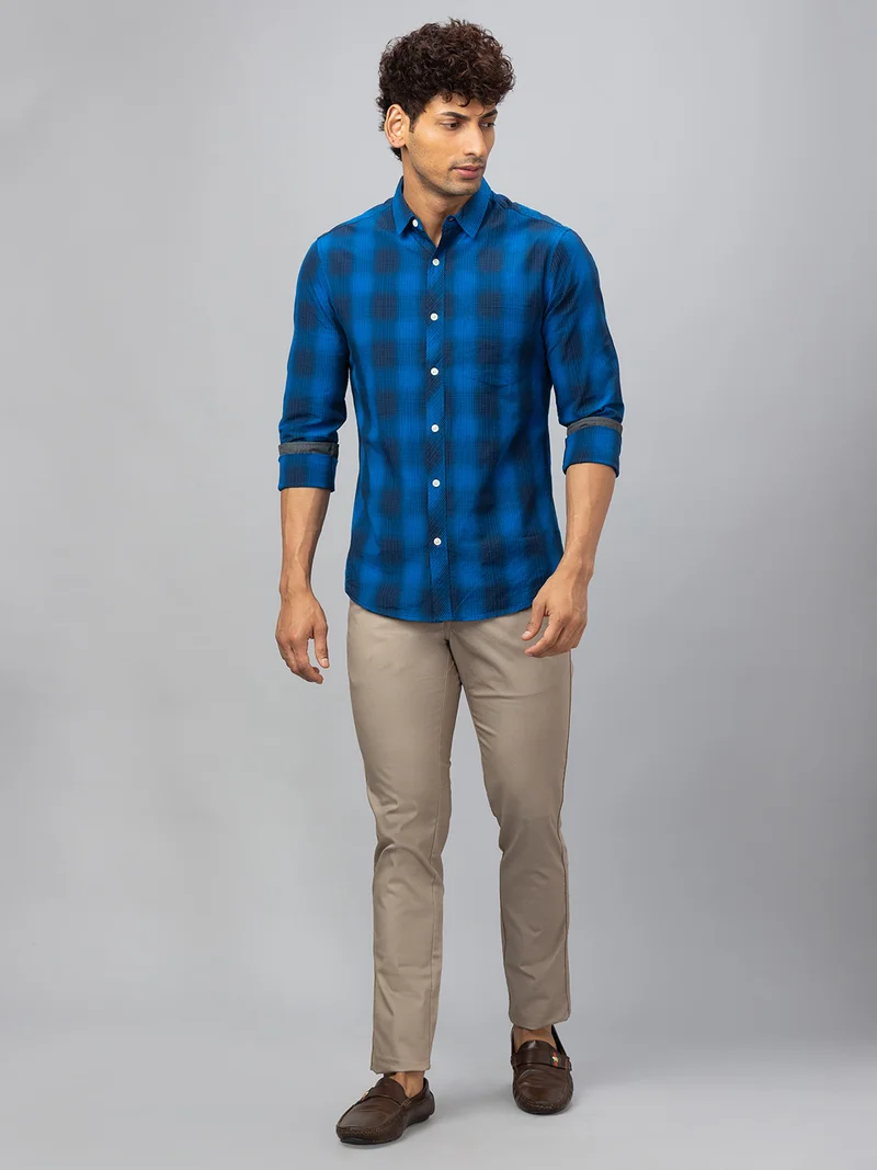 جلو باص قميص رجالي قطني كاجوال بقصة عادية كاروهات أزرق ملكي