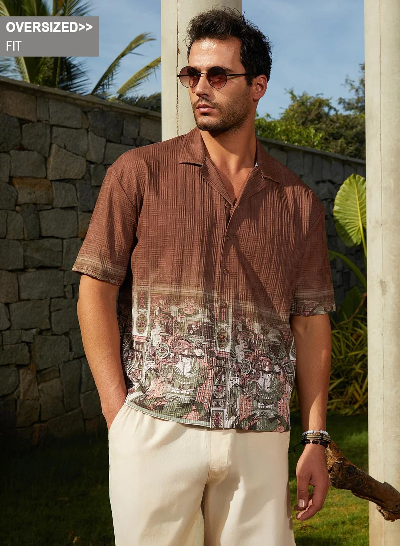 Campus Sutra Campus Sutra Men's Ash Brown Indie-Ombre Oversized Shirt For Casual Wear | Cuban Collar | Short Regular Sleeves | Button Closure | Oversized Shirt Crafted With Comfort Fit For Everyday Wear