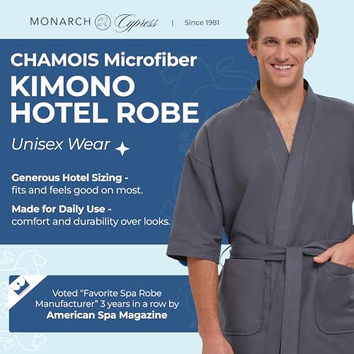 MONARCH Chamois Microfiber Spa Kimono Robe for Men or Women – Soft Lightweight Fabric with Classic Kimono Design, Generously Sized Hotel & Spa Robe with Pockets – Machine Washable (Charcoal, Large) - Image 2