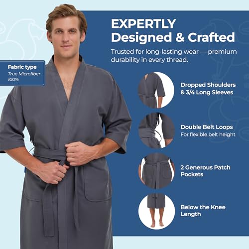 MONARCH Chamois Microfiber Spa Kimono Robe for Men or Women – Soft Lightweight Fabric with Classic Kimono Design, Generously Sized Hotel & Spa Robe with Pockets – Machine Washable (Charcoal, Large) - Image 4