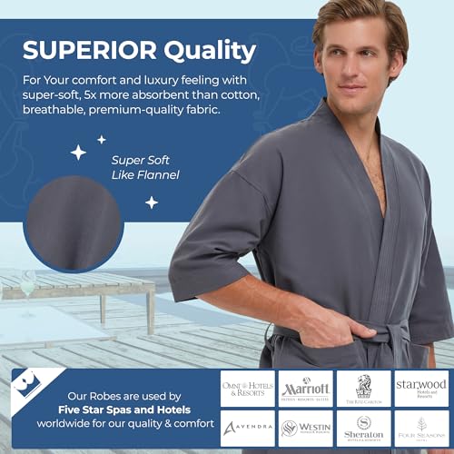 MONARCH Chamois Microfiber Spa Kimono Robe for Men or Women – Soft Lightweight Fabric with Classic Kimono Design, Generously Sized Hotel & Spa Robe with Pockets – Machine Washable (Charcoal, Large) - Image 3