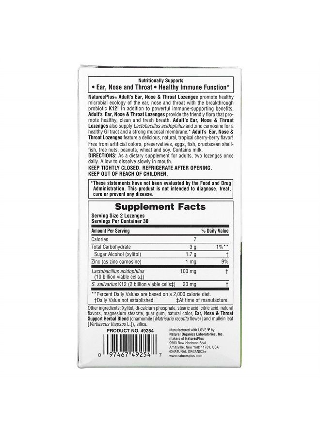 Nature's Plus لوحة ناتشرز بلس للبالغين للأذن والأنف والحنجرة مع بروبيوتيك K12 - 60 حبة - نكهة الكرز الاستوائي الطبيعي - يدعم الأذن والأنف والحنجرة ووظيفة المناعة - خالي من الغلوتين - 30 حصة - Image 2