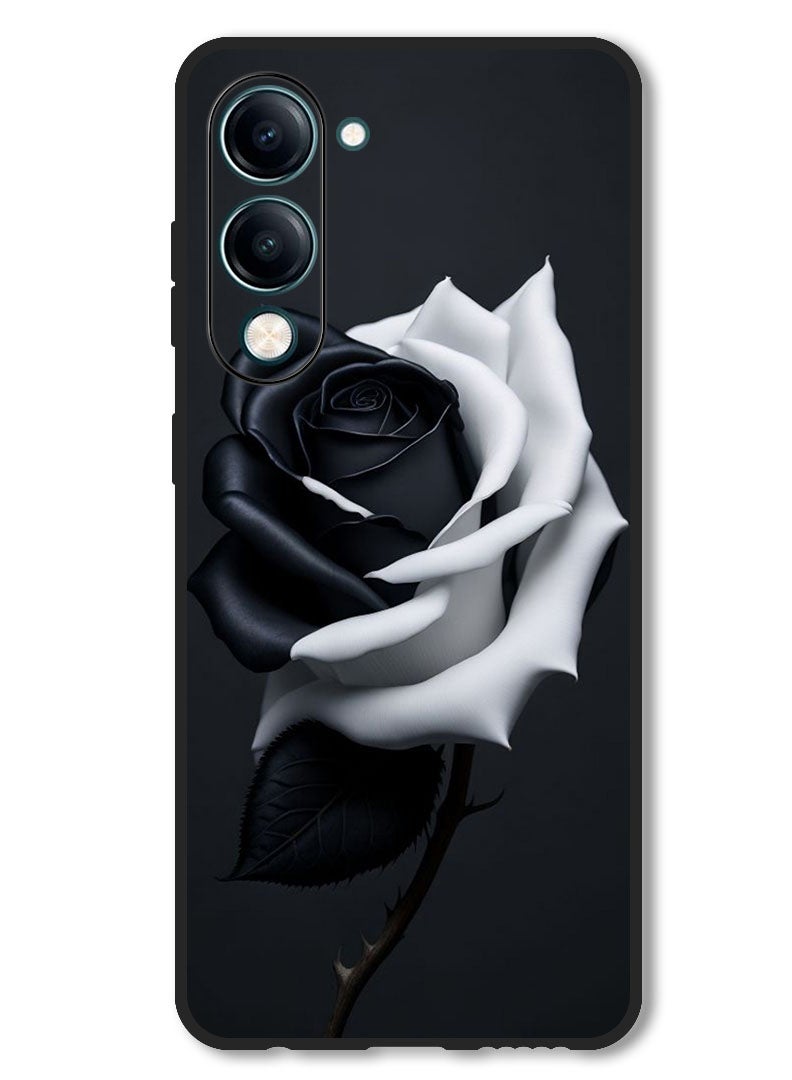 Theodor Case Compatible with Vivo Y29s Protection Shockproof Bumper Cover Black and White Rose - Image 1