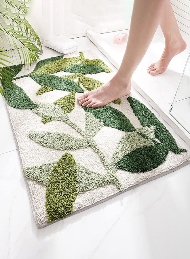 NON-SLIP BATH MAT, 45 X 65 CM GREEN LEAF BATHROOM FLOOR MAT SUPER SOFT AND WATER ABSORBENT, MACHINE WASHABLE MICROFIBER BATHROOM RUG FOR BATHROOM, SHOWER, BEDROOM, KITCHEN, DOORWAY