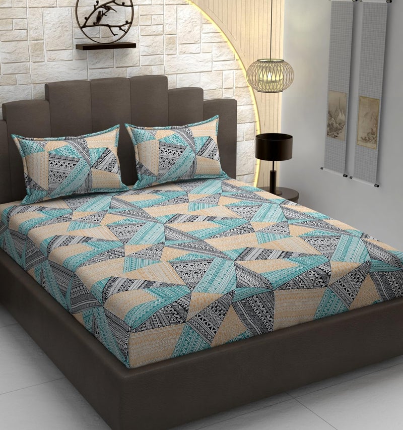 DECOREZA 320 TC Cotton Feel Elastic Fitted King Size Bedsheet 72x78 +10 Inch with 2 Pillow Covers | Glace Cotton | Wrinkle-Free | Bedsheet for Double Bed - (Teal Diamond, King Size 72" x 78") - Image 1