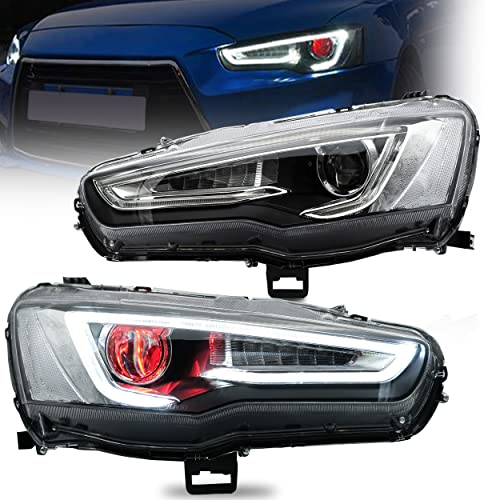 VLAND Headlights Assembly Fit for Mitsubishi Lancer& EVO X 2008-2020 W/DRL, LED Front light with Sequential Turn Signal, Plug-n-Play Headlamp with Demon Eyes, Chromed Housing - Image 1