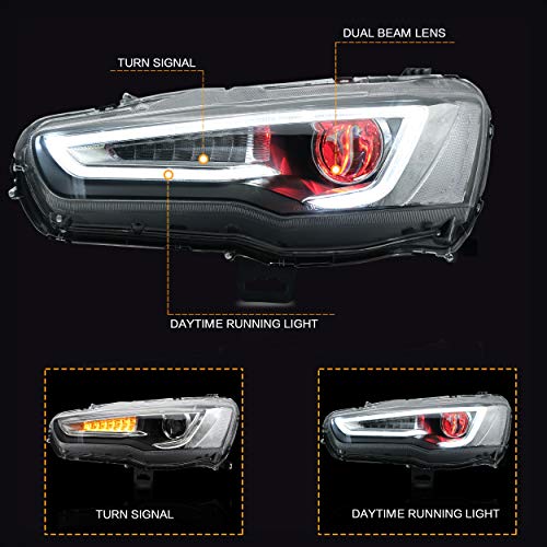 VLAND Headlights Assembly Fit for Mitsubishi Lancer& EVO X 2008-2020 W/DRL, LED Front light with Sequential Turn Signal, Plug-n-Play Headlamp with Demon Eyes, Chromed Housing - Image 3