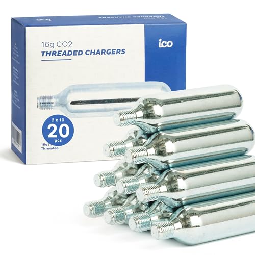 ICO CO2, 20pcs, 16g Threaded CO2 Cartridges, CO2 Cartridges for Use with CO2 Bike Tire Inflator, C02 Cartridges for MTB & Road Bikes, Food Grade - Image 1