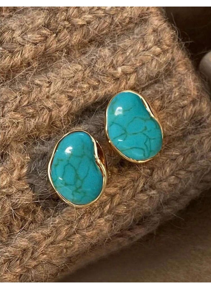 Organic Shape Turquoise Stud Earrings – High-Polish Gold Framed Turquoise Stones with Natural Marble Pattern