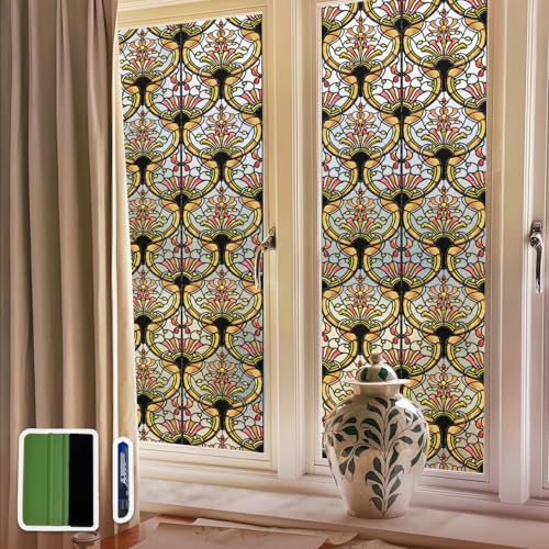 Chicskin 3D Vintage Stained Glass Window Film with Tools Decorative Window Privacy Film for RoomDoorHome Decor Amber Tracery 1693X787443X200CM - Image 1