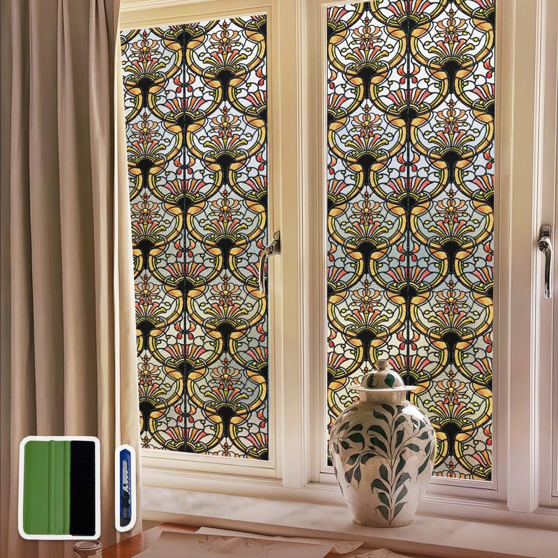Chicskin 3D Vintage Stained Glass Window Film with Tools Decorative Window Privacy Film for RoomDoorHome Decor Amber Tracery 1693X787443X200CM - Image 2