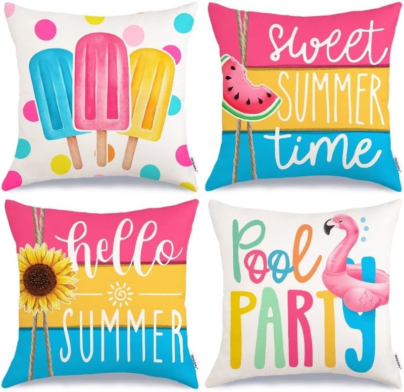Hello Summer Pillow Covers 18x18 Inch Set of 4, Popsicles Flamingo Swim Ring Pool Party Sweet Summer Time Farmhouse Decorative Throw Pillowcases for Home Sofa Couch Decoration G525-18