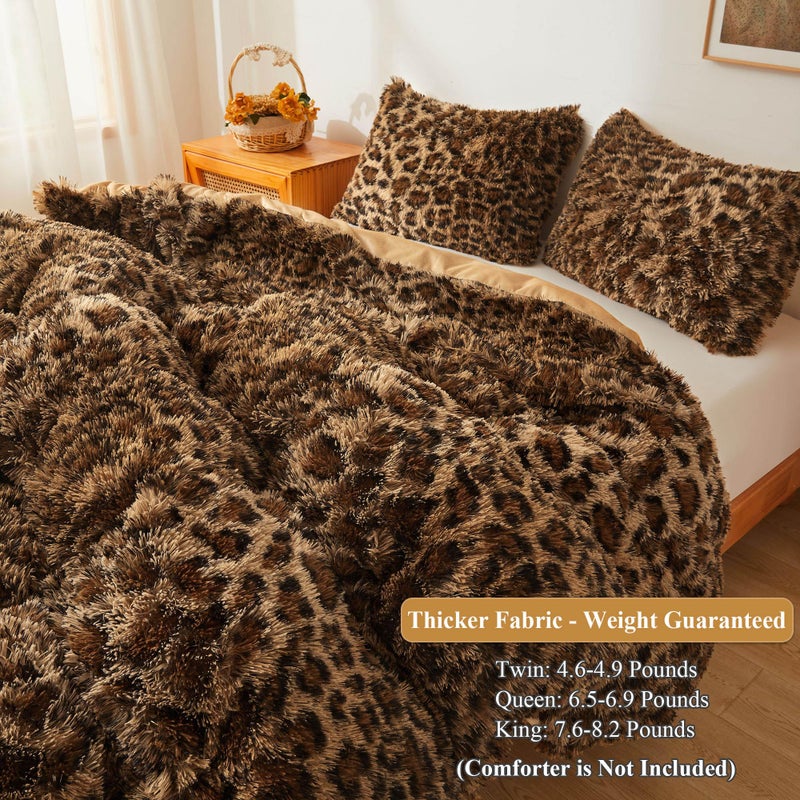 XeGe Cheetah Print Fluffy Faux Fur Duvet Cover Set, 3 Pieces Soft Plush Shaggy Fuzzy Bedding Set(1 Faux Fur Leopard Print Comforter Cover + 2 Furry Pillowcases), Zipper Closure(Queen, Brown) - Image 3