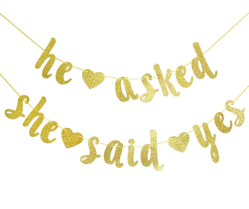 Festiko®He Asked She Said Yes Gold Glitter Banner - Bachelorette, Wedding, Engagement, Bridal Shower Party Decorations - Image 1
