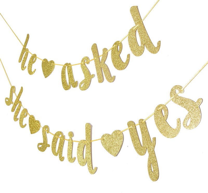 Festiko®He Asked She Said Yes Gold Glitter Banner - Bachelorette, Wedding, Engagement, Bridal Shower Party Decorations - Image 2