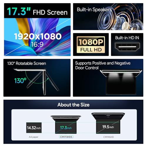 XTRONS® شاشة TFT رقمية فائقة النحافة 17.3 بوصة 16:9 بدقة FHD 1080P مشغل فيديو سيارة مثبت على السقف منفذ HDMI 1920 * 1080 عالية الدقة الكاملة (مع مكبر صوت مدمج) - Image 2