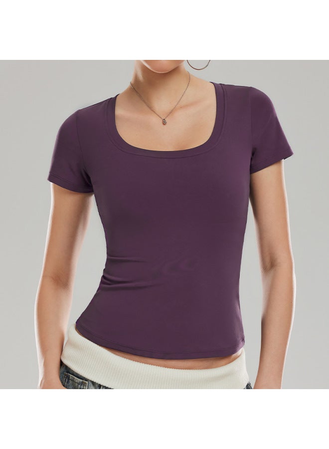 American-style Straight-shoulder Short-sleeve T-shirt For Women, Summer New U-neck Short Tight-fitting Sports Yoga Top