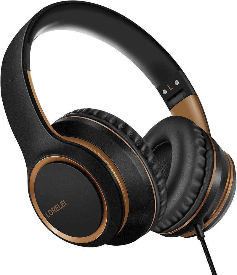 LORELEI X8 Over-Ear Wired Headphones with Microphone with 1.45m-Tangle-Free Nylon Line&3.5mm Plug,Lightweight Foldable & Portable Headphones for Smartphone,Tablet,Computer,Mp3/4(Black-Gold) - Image 1