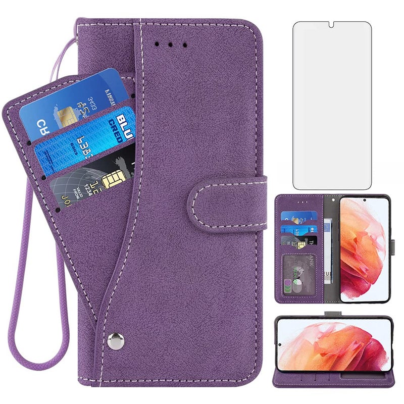 Compatible with Samsung Galaxy S21 Glaxay S 21 5G 62 inch Wallet Case and Tempered Glass Screen Protector Flip Credit Card Holder Stand Cell Accessories Phone Cover for Gaxaly 21S G5 Women Men Purple