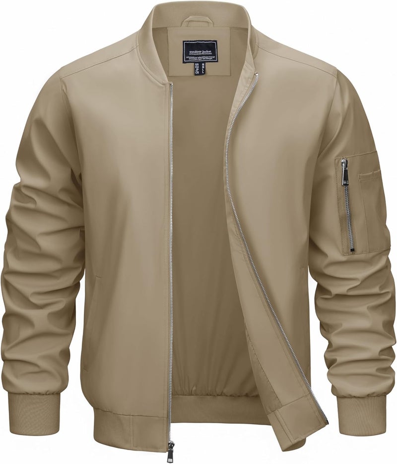 CRYSULLY Men's Lightweight Bomber Jacket - Casual Full Zip Windbreaker in Khaki, XL - Image 1