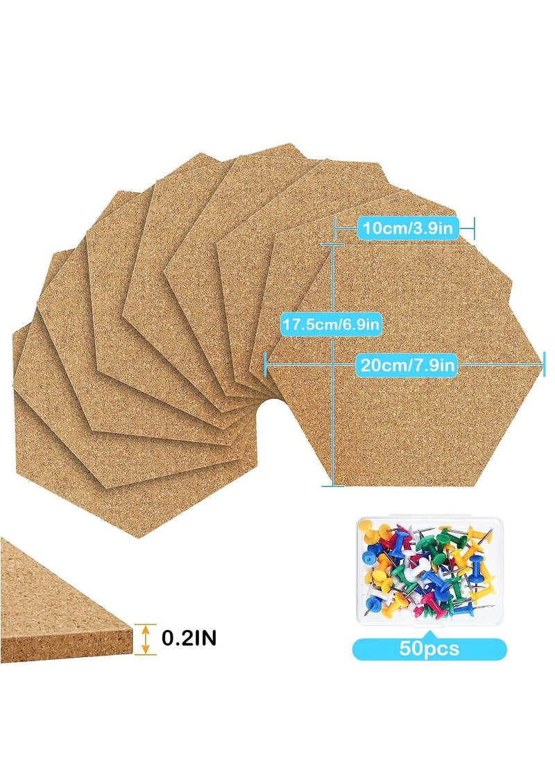 10Pcs Hexagon Cork Board Self-Adhesive DIY Notice Board Multifunctional Application Message Board with 50Pcs Colorful Pins for DIY Pictures Hanging Office Home Decoration - Image 2