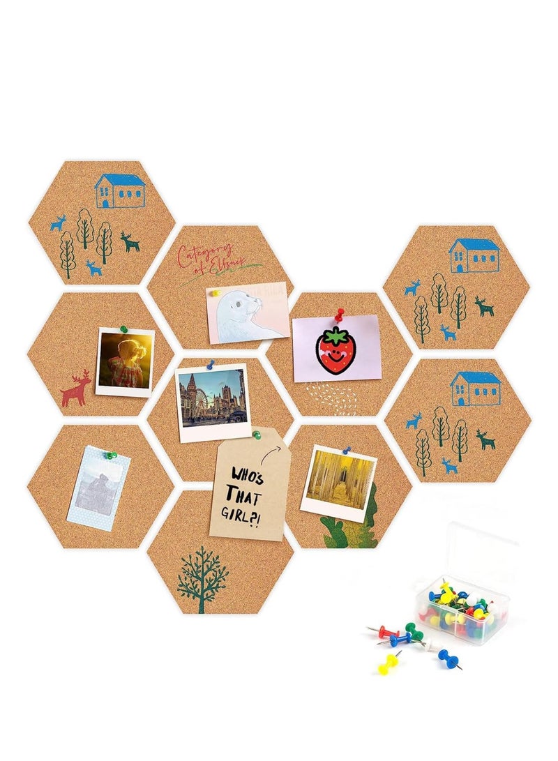 10Pcs Hexagon Cork Board Self-Adhesive DIY Notice Board Multifunctional Application Message Board with 50Pcs Colorful Pins for DIY Pictures Hanging Office Home Decoration - Image 1