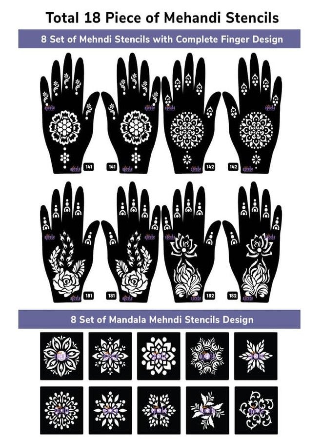 Apcute 18pc Combo Pack Mehandi Stencil Sticker, Mehendi Stencil Reusable, Tatoo Heena Mehndi Design Sticker for Women, Girls and Kids, Quick and Easy to use - 18PC-141-142-181-182 - Image 2