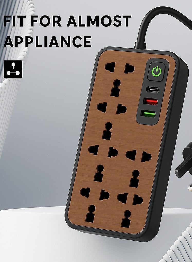 Earss Extension Cord Power Strip Wooden Design– 6 AC Outlets, 3 USB Ports & 1 Type-C Port – Surge Protector with 2M UK 3-Pin Plug – Charging Station for Home & Office - Image 1