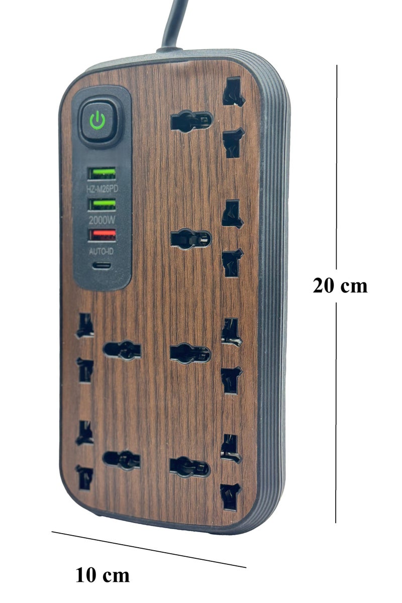 Earss Extension Cord Power Strip Wooden Design– 6 AC Outlets, 3 USB Ports & 1 Type-C Port – Surge Protector with 2M UK 3-Pin Plug – Charging Station for Home & Office - Image 3