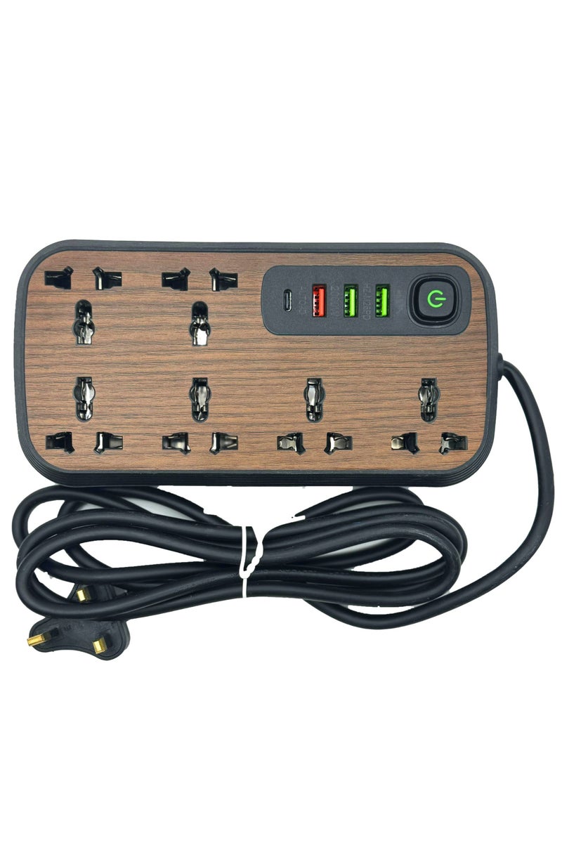Earss Extension Cord Power Strip Wooden Design– 6 AC Outlets, 3 USB Ports & 1 Type-C Port – Surge Protector with 2M UK 3-Pin Plug – Charging Station for Home & Office - Image 2